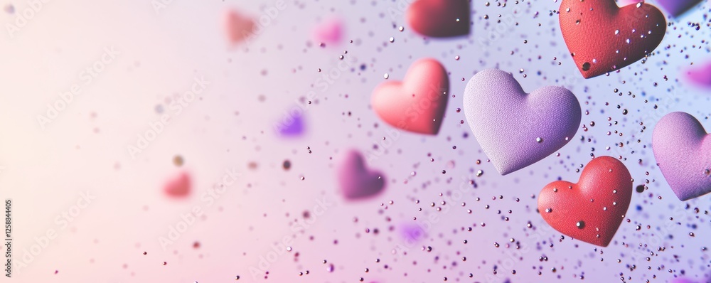Poster a colorful array of hearts in various shades, set against a soft background, creating a whimsical, r