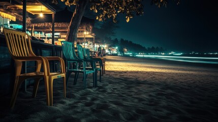 Night beach scene with empty chairs near a beachfront bar.