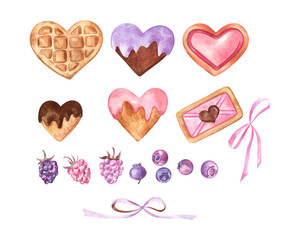 Watercolor illustrations of the heart-shaped cookies, Belgian waffle and berries isolated on transparent background. Cute clip art for Valentine's Day decorations, scrapbooking, stickers and more