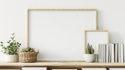 Home interior poster mock up with horizontal metal frame, succulents in basket and pile of books on white wall background. 3D rendering.