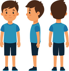 Cartoon Boy Character Depicted in Front, Side, and Back View