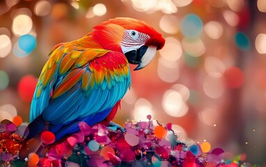 Fototapeta premium Vibrant Scarlet Macaw Parrot on Colorful Bokeh Background