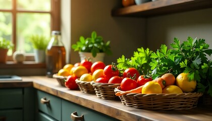 Kitchen_Counter_Vegetables_Tomatoes_Lemons_Parsley_Baskets