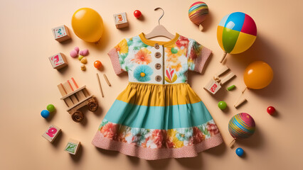 Obraz premium Colorful Floral Baby Dress with Toys - Perfect for Spring and Summer