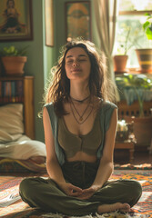 A serene close-up of a woman in a prayer pose, practicing yoga with wavy hair and tattoos. She wears a green crocheted bikini top, sitting cross-legged in a tranquil indoor setting.