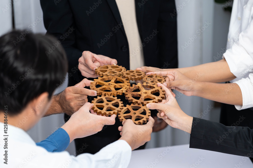 Poster business team joining cogwheel in circular together symbolize successful group of business partnersh