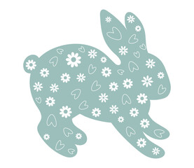 Easter Bunny Silhouette. Adorable Easter Bunny with Floral Pattern and Hearts on a Pastel Background for Spring Celebration and Festive Holiday Design