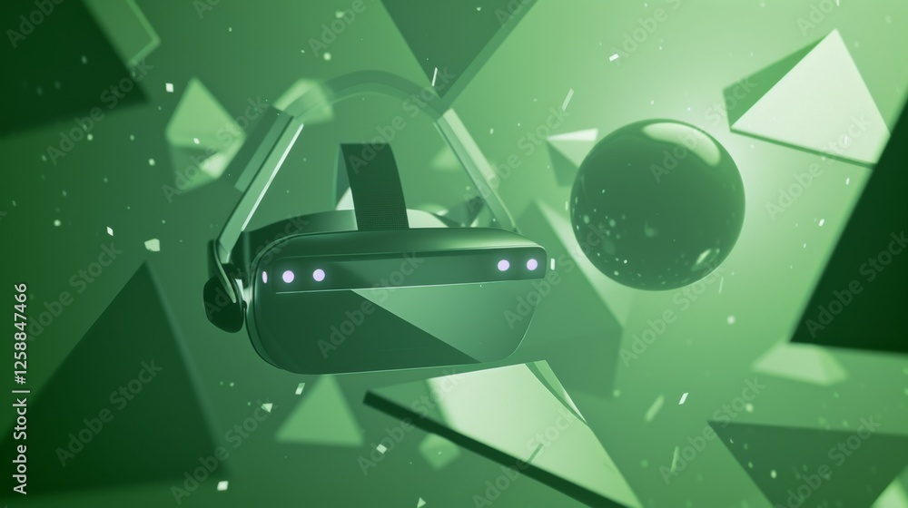 Poster a futuristic vr headset illuminated by a green glow, surrounded by dynamic geometric shapes and floa