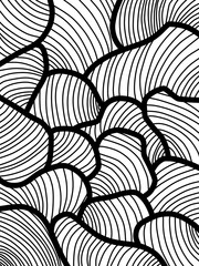 The illustration features a series of flowing, curved black lines that create abstract, organic shapes. These shapes interconnect, forming a harmonious, textured pattern against a white background.