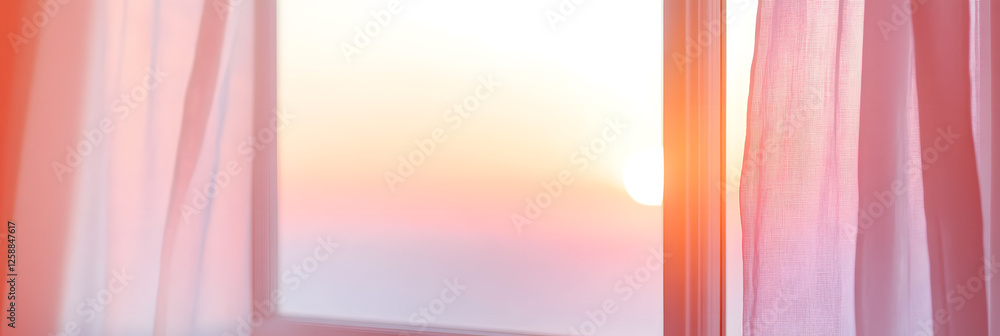 Poster window view with sheer curtains bathing the room in warm, soft light. a gentle glow filters through 