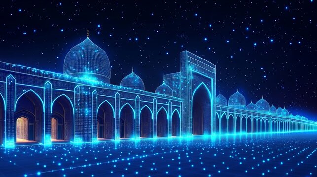 Digital Network Style of Islamic Architecture, Blue Dotted Outline of Mosque at Night