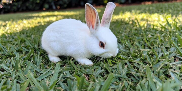 Adorable White Bunny Rabbit Eating Grass in a Sunny Garden