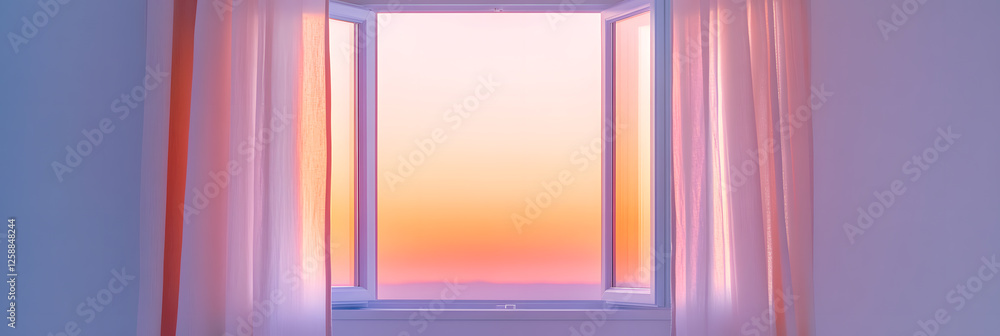 Poster open window framing a warm sky. light diffuses through sheer curtains. dreamy, soft colors create a 