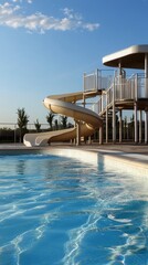 Fototapeta premium Exciting water slide at a vibrant aquapark under a clear blue sky showcasing fun and relaxation during a sunny afternoon