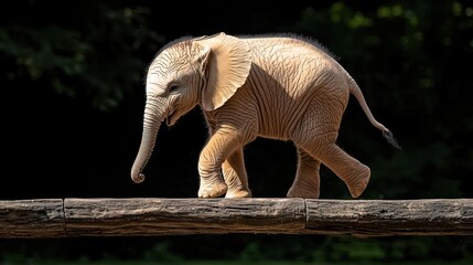 Fototapeta premium Baby Elephant Walking On Timber Log In Forest