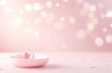 Pink hearts in dish, bokeh background, Valentine's Day card