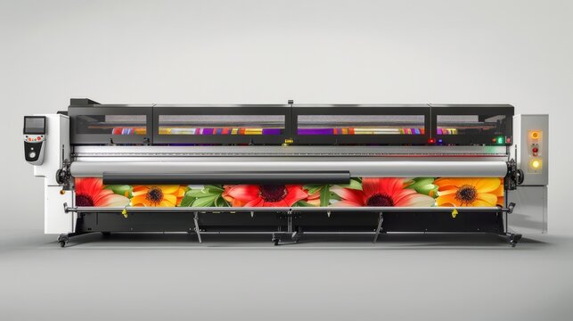 Wide format inkjet printer working, printing a colorful canvas with abstract design for advertising and signage