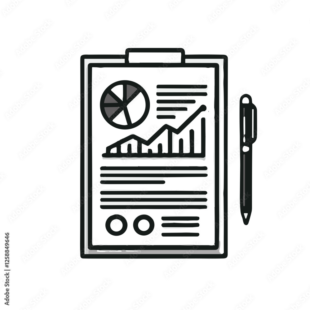 Aufkleber document with chart and pen in a minimalistic black-and-white line art style for business visuals