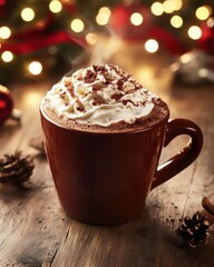 Cozy Close-Up of a Steaming Cup of Hot Chocolate with Blurred Background for Winter-Themed Campaigns