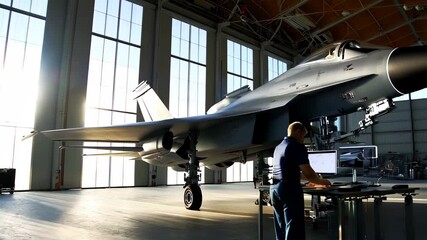 Fighter jet in a hangar is serviced by a technician doing routine maintenance