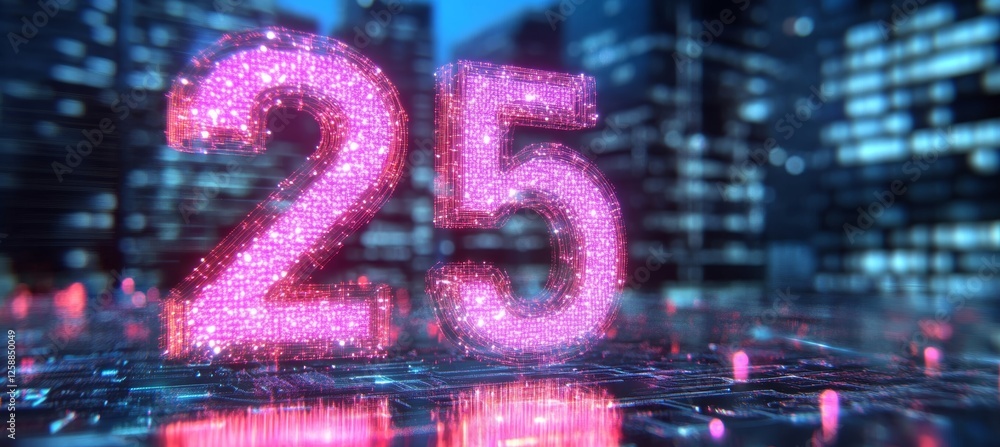Poster glowing digital number 25 in futuristic style on abstract background with cityscape reflections
