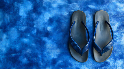 Obraz premium Casual flip-flops arranged on a vibrant blue beach towel background, with ample space above for promotional details