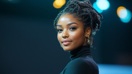 Successful Female Motivational Speaker on Stage, Talking about Happiness, Diversity, Empowerment, Success, Leadership, STEM and How to Be Productive. Woman Presenter Leads Tech Business Conference.