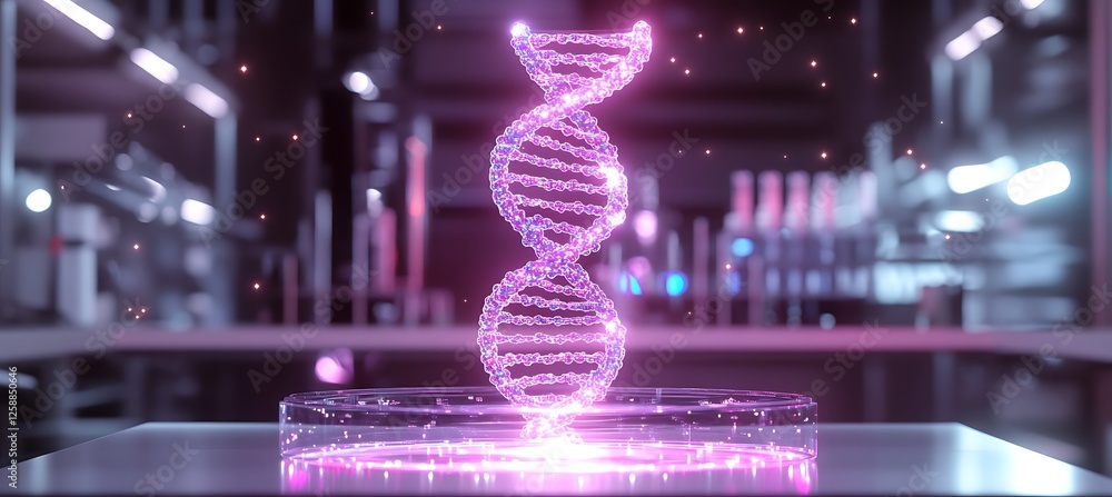 Poster glowing hologram of dna rotating in a cutting-edge science laboratory for study