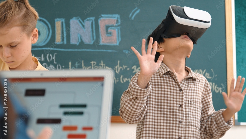 Poster energetic child wearing vr headset while enter virtual world at classroom. student programing system