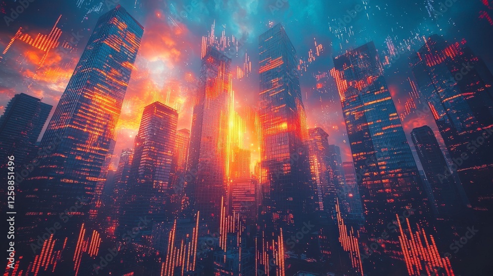 Poster an impressive depiction of a high-tech urban environment infused with data patterns, symbolizing adv