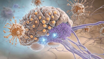 Brain, viruses, neurons, infection, attack, microscopic, medical, illustration, research, background