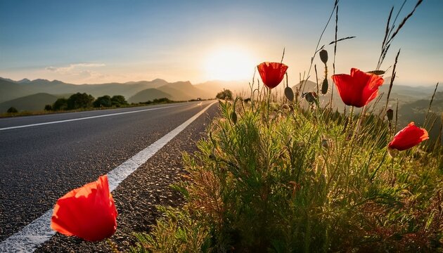 red poppy flower on the side of the road