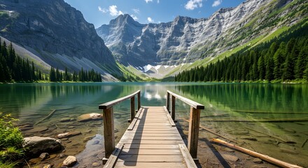 Scenic Mountain Lake View with Wooden Dock and Clear Water