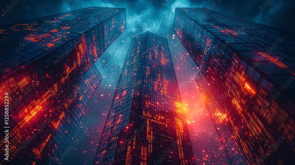 Poster a stunning futuristic urban skyline showcasing vibrant data patterns interwoven with the architectur