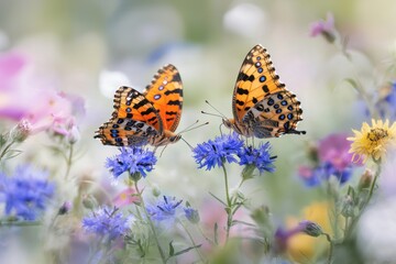 Obraz premium Animals communicate with insects. Colorful butterflies on vibrant flowers