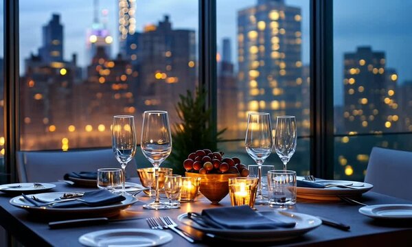 Elegant dinner setting with city skyline view at dusk, showcasing a beautifully arranged table