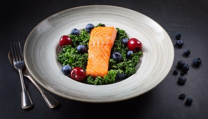 healthy salmon plate with kale cherries and blueberries