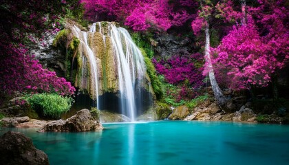 vibrant pink waterfall cascading into a mysterious blue pool creating an ethereal and mystical atmosphere