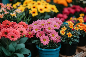 Fototapeta premium Vibrant Generative AI Floral Display Featuring Roses, Ranunculus, and Seasonal Flowers at a Flower Market