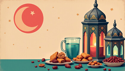 Ramadan. Dried fruits with Turkish delicacies and lanterns, created with Generative AI technology.