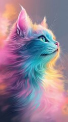 Vibrant feline portrait, surreal and colorful pastel dreamscape art