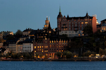 Cityscape during sunset at the harbor in the capital of Sweden - Stockholm