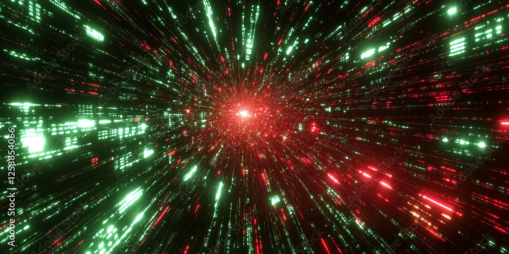 Poster red-green data stream tunnel; digital flight; futuristic background; tech banner