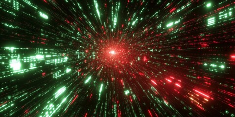 Red-green data stream tunnel; digital flight; futuristic background; tech banner