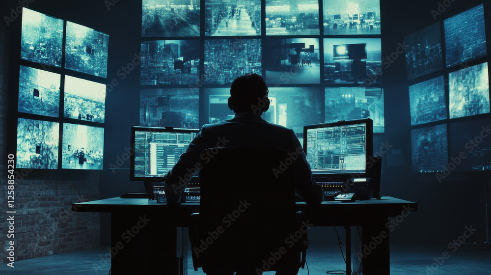 Poster man working in high-tech surveillance room with multiple monitors and screens, analyzing data and vi