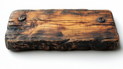 Front view on empty wooden signboard, against white background. Wooden nameplate isolated.