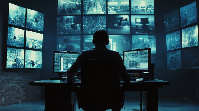 Man working in high-tech surveillance room with multiple monitors and screens, analyzing data and video feeds in dark control center