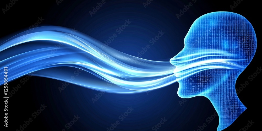 Poster glowing head with circuit board design and digital stream, artificial intelligence concept