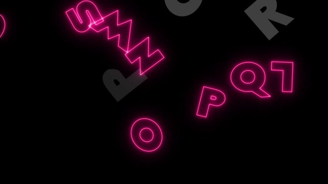 Neon Abstract glowing texture with English alphabet letters fling on black background.