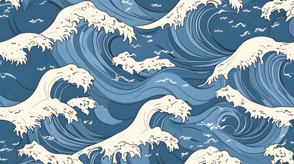 Seamless Pattern Japanese Style Ocean Waves Abstract Blue
